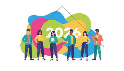 Diverse team planning and celebrating the future year 2026 Business goals and success concept