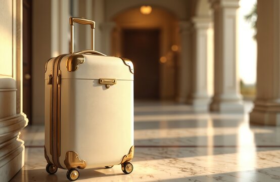 Elegant cream suitcase with gold details stands on marble floor. Luxurious hotel lobby has grand pillars, warm light. The travel bag waits for a guest, ready for a leisure trip or a business journey.