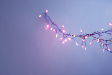 Soft purple fairy lights create dreamy atmosphere against smooth gradient background, evoking calm and festive mood, perfect for celebrations or cozy interiors