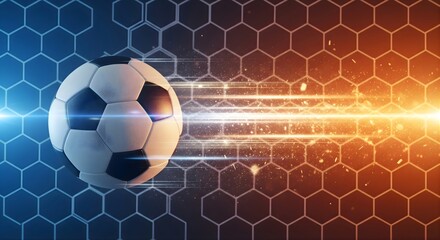 Soccer ball in action dynamic sports concept with hexagon pattern background featuring energy trails symbolizing competition excitement speed power team play