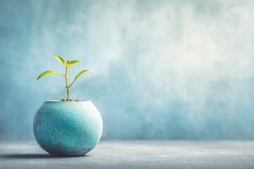Young green plant sprouting from soil in small blue ceramic pot, minimalistic style, symbolizing growth, hope, and new beginnings, with soft natural light