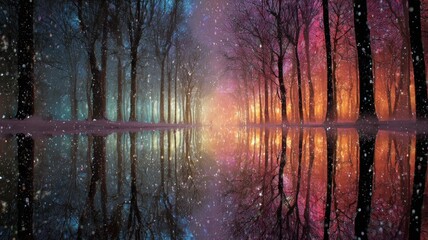 Enchanted forest reflection with vibrant sunset and snowfall