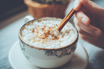 Close up of hand stirring latte with cinnamon stick, creamy foam, cozy atmosphere, vintage cup, warm light, inviting mood, relaxing cafe scene