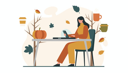 Remote worker uses laptop and phone at a desk surrounded by fall leaves and a pumpkin Cozy freelance setting
