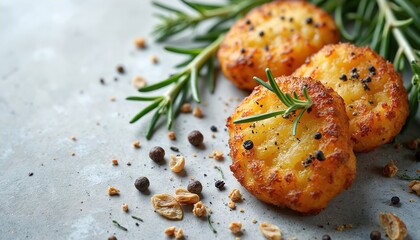 Golden crispy smashed potatoes with fresh rosemary sprigs, black pepper on light gray stone background. Delicious baked side dish savory snack. Perfect for holiday meal, party, family dinner. Plant