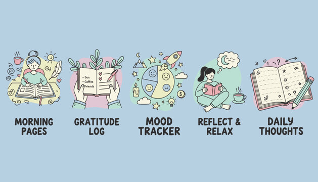 Daily journaling concepts morning pages gratitude log mood tracker reflection and selfcare routine