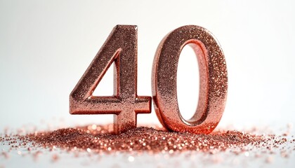 Rose gold glitter number 40 stands on white surface. Sparkly number represents milestone birthday anniversary celebration event or achievement. Festive party decoration.