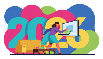 Businesswoman interacting with screen in colorful 2023 graphic blending work and home life