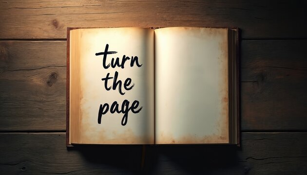 Open book shows phrase turn the page on rustic wooden table. Blank space on right page offers copy space. Symbolizes new beginnings or life chapter change.