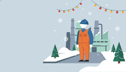 Worker in safety gear at industrial plant during a snowy winter holiday season