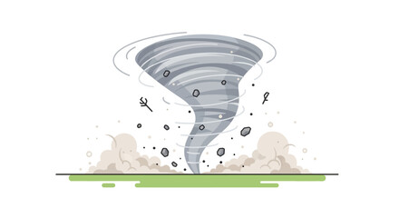 Stylized tornado illustration with swirling winds and debris scattering widely across the landscape