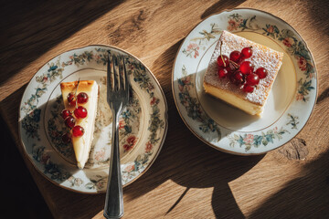 Cheesecake slice with red currant and fork on floral plate, whole cheesecake piece with red currant on matching plate, wooden table, sunlight, cozy, rustic, inviting