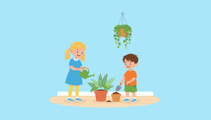Smiling children caring for houseplants Indoor gardening hobby development and environmental education