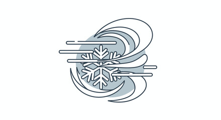Stylized snowflake encased in swirling wind patterns presenting a wintry weather concept