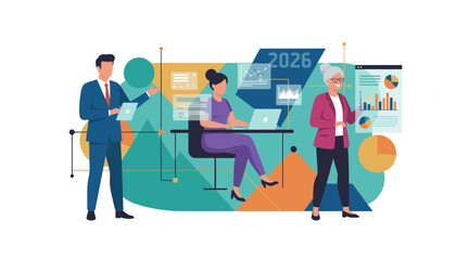 Professional team studying digital charts and graphs for 2026 business planning