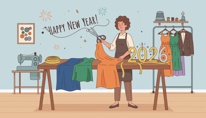 Fashion tailor cutting fabric for 2026 New Year design representing growth and small business success
