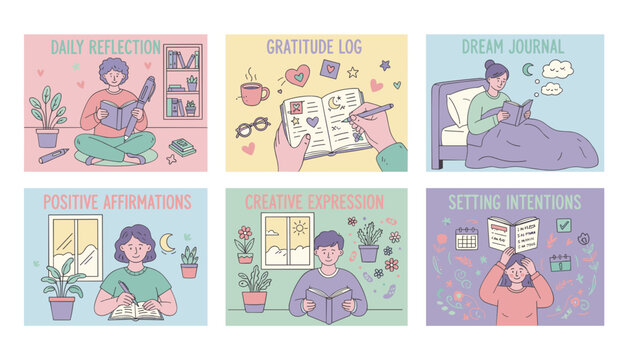 Selfcare routine illustrations daily reflection gratitude log affirmations and setting intentions
