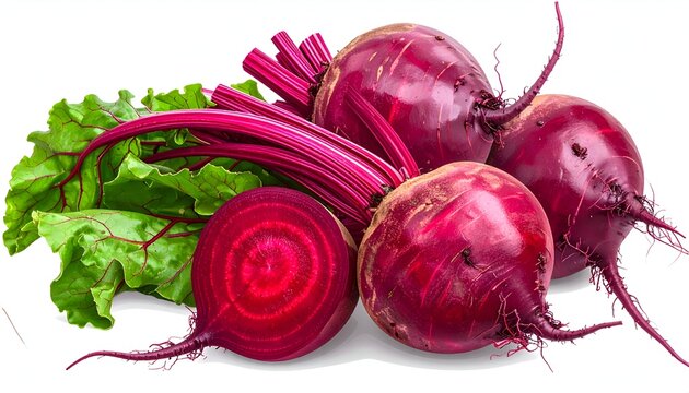 Group of vibrant red beets with leaves, one sliced, against white - Powered by Adobe