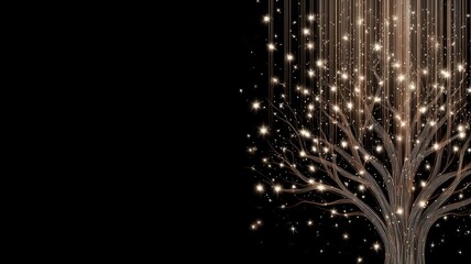 Magical winter tree with glowing lights and falling snowflakes on a starry night