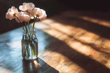 Soft pink flowers in clear glass vase on sunlit wooden table, morning light casting gentle shadows, peaceful and serene atmosphere, home interior decor inspiration