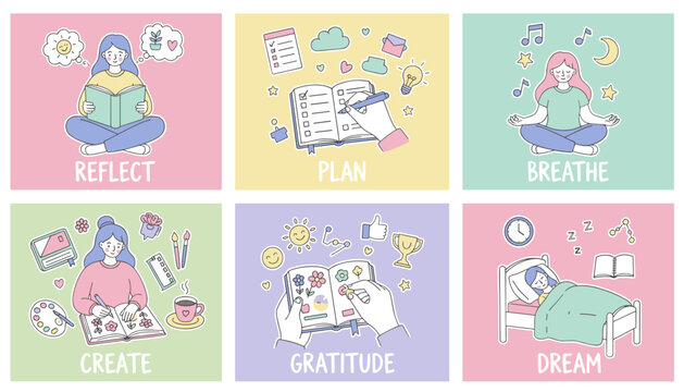 Six mental health habits reflect plan breathe create gratitude and dream Cute cartoon selfcare routine - Powered by Adobe