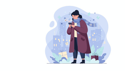 Anxious woman uses smartphone in winter city overwhelmed by holiday social media pressure