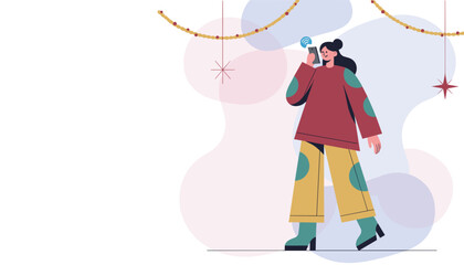 Modern woman uses smartphone with strong WiFi signal amidst abstract festive decor