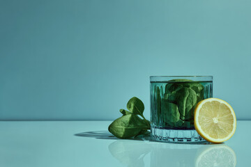 Minimal still life of glass of green smoothie with spinach and lemon slice on reflective surface, healthy drink concept, refreshing and vibrant mood, modern composition