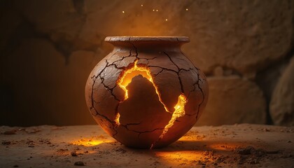 Ancient cracked clay pot emits bright light from within. This broken vessel holds spiritual power or hidden treasure. Symbolizes fragility and divine strength.