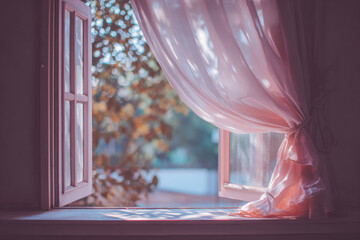 Open window with fluttering sheer curtain, soft daylight streaming in, peaceful and tranquil atmosphere, gentle breeze, cozy home interior, serene morning mood