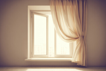 Open window with fluttering curtain and soft daylight creates peaceful, serene atmosphere in cozy, minimalist room, inviting gentle natural light and calmness indoors