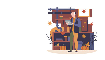 Mature professional uses tablet in a cozy autumnal workspace Remote work illustration
