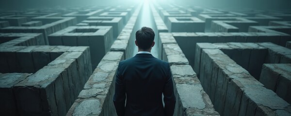 Man in suit walks through stone maze toward bright light. Businessman seeks solution in complex challenge. He moves forward with purpose and resolve. Decision making and strategy are key.