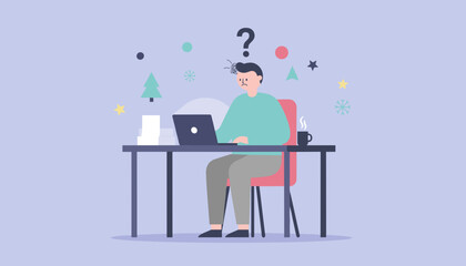 Holiday work stress Confused employee overwhelmed by deadlines and difficult tasks