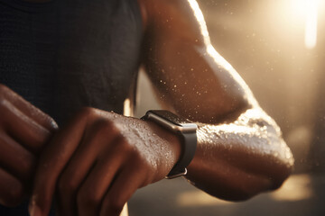 Faceless runner checking smartwatch during workout. Athlete looking at smartwatch after intense workout. Health tracking, motivation. Wellness through technology, active fitness lifestyle balance.
