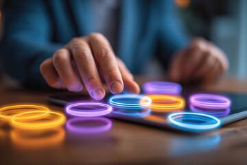 Floating neon circuits above wood surface technology meets creativity glowing rings digital interface futuristic innovation hand interaction colorful modern tablet