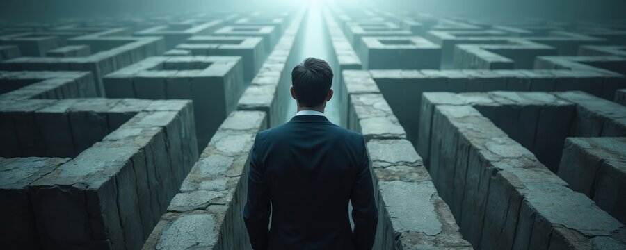 Man in suit walks through stone maze toward bright light. Businessman seeks solution in complex challenge. He moves forward with purpose and resolve. Decision making and strategy are key.