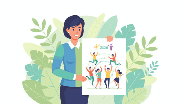 Businesswoman holds a 2026 goal poster showing a successful happy diverse team