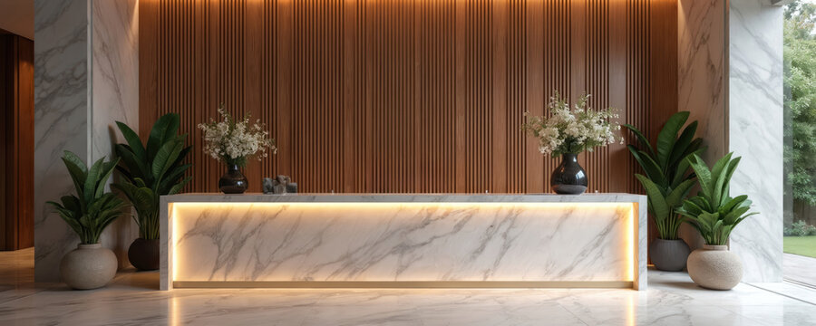 Modern reception desk with marble finish and warm backlighting. Large potted plants frame the area, with wood paneled wall. Calm ambient space.