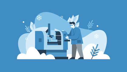 Professional operator working on CNC machining center in a cold blue industrial setting