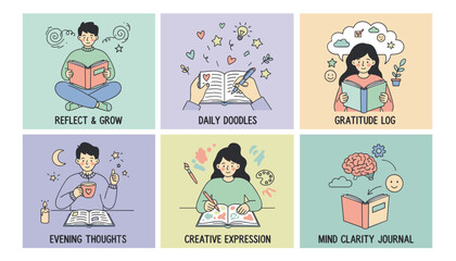 Journaling and selfcare icons reflection gratitude creative expression and mental clarity