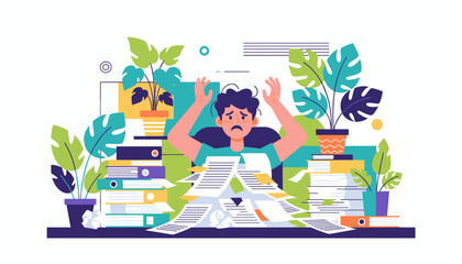 Stressed person buried under office paperwork symbolizing overload deadlines and anxiety