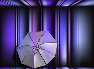 a transparent silver umbrella in a glamorous and bright studio room with purple color effects
