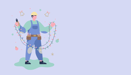 Handyman installing Christmas lights preparation for winter holidays