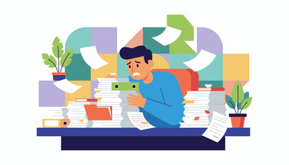 Overwhelmed employee buried in a mountain of office paperwork facing stress and deadline pressure