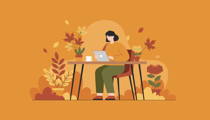 Remote work concept woman using laptop at a cozy desk decorated with fall leaves and plants