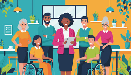 Diverse inclusive business team led by a smiling manager in a modern accessible office setting