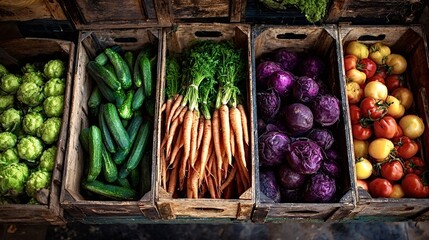 Colorful display of fresh organic vegetables  cucumbers, carrots, red cabbage, tomatoes and hops in rustic wooden crates at a farmers market, showcasing local healthy produce