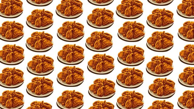 A seamless looping pattern of crispy fried chicken pieces arranged on plates, creating a tasty and dynamic food-themed background perfect for culinary promos, holiday content, restaurant ads