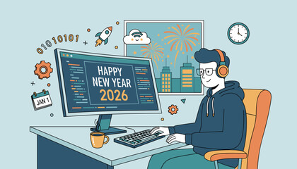 Developer works on code celebrating a tech Happy New Year 2026 with binary and startup symbols